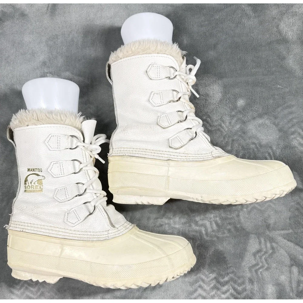 Sorel Manitou Boots Womens Size 8 White Leather Wool Lined Winter Snow Lace Up